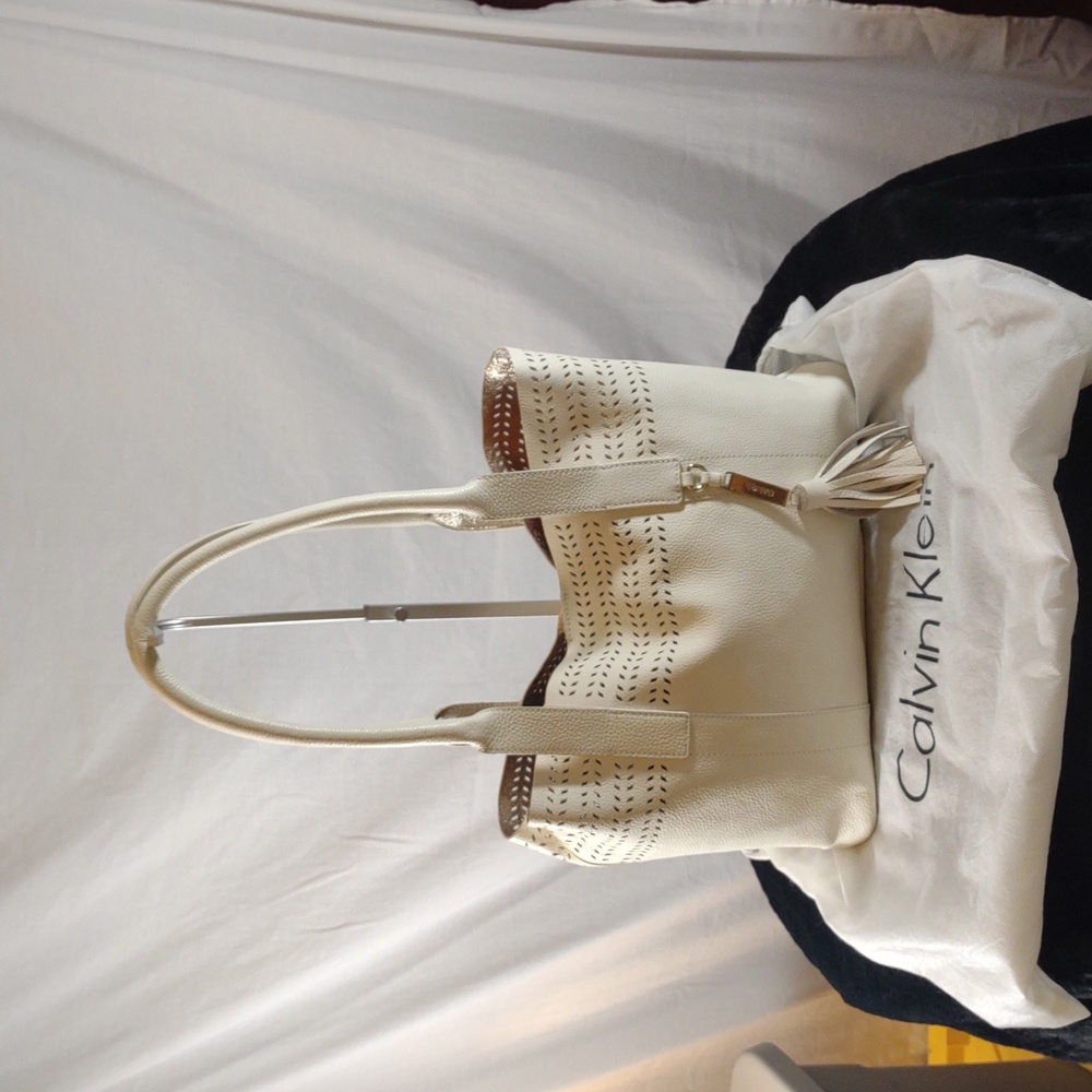 Calvin Klein Ivory Tote w/Tassel & Perforated Design